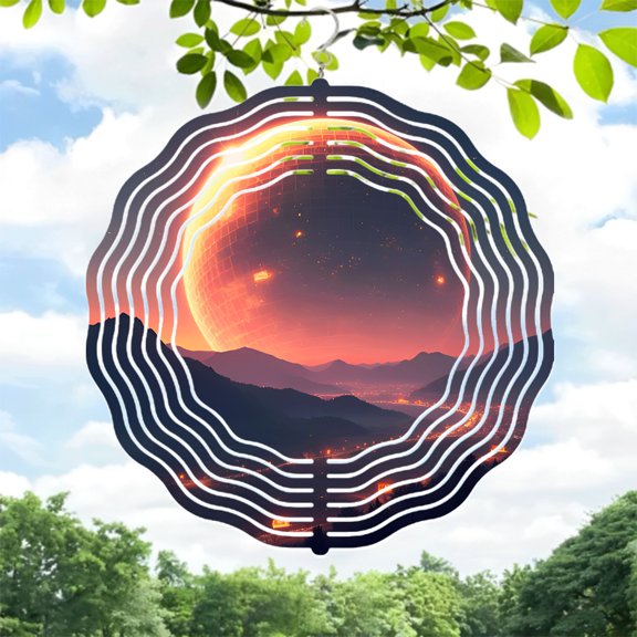 Futuristic Metal Hanging Wind Spinners & Chimes for Yard & Garden - Dynamic Circular Design with Wavy Lines & Vibrant Glow