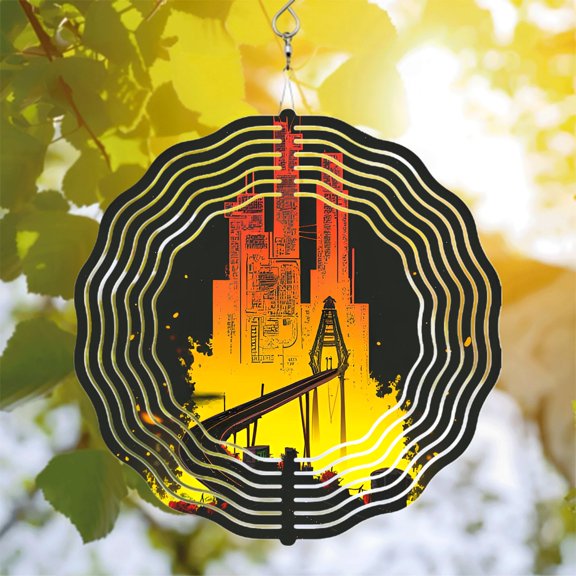 Futuristic Metal Hanging Wind Spinners & Chimes for Yard - Intricate Circuitry Patterns Wave - Like Design Vibrant Orange & Yellow Gradient