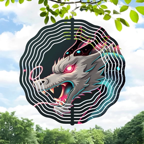 Futuristic Metal Wind Spinner with Neon Accents & Intricate Patterns - Dynamic Wolf Design for Yard & Garden Decor