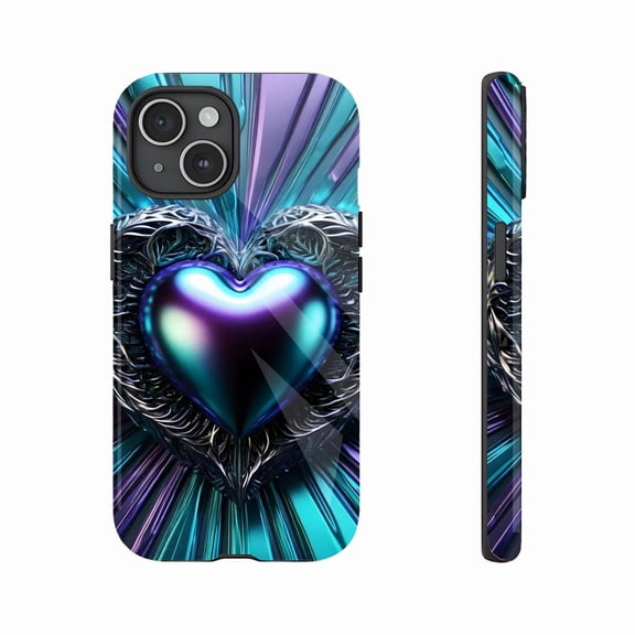 Futuristic Metallic Heart iPhone Case with Intricate Wing Detail and Gradient Color Compatible with iPhone 11/12/13/14/15/16 (Pro Max/Plus)