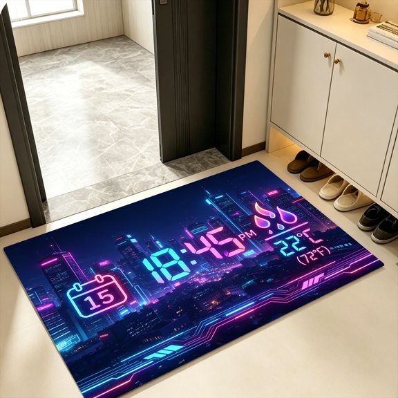 Futuristic Metropolis Circuit Neon Clock Weather HUD Doormat, Kitchen Backyard Indoor Entry Rug, Halloween Sci-Fi Cyber City Decor Gift for Urban Art Fans