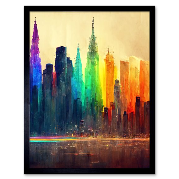 Futuristic Modern Rainbow City Cityscape Skyline Art Print Framed Poster Wall Decor 12x16 inch