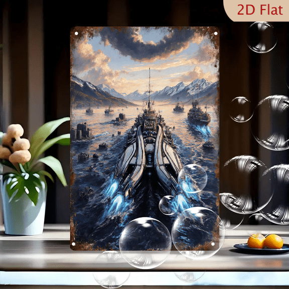 Futuristic Naval Battleship Fleet with Snowy Mountains, Sci-Fi Warship Art Print on Metal, 8x12 Inches Vintage Border Wall Decor for Home Office