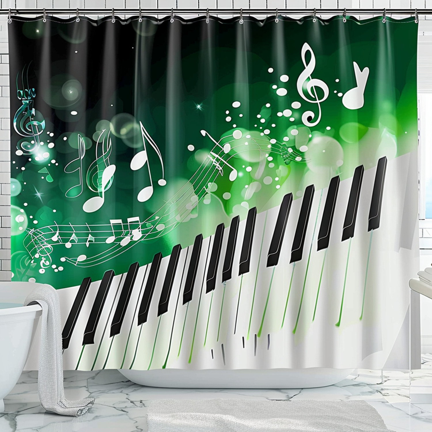 Futuristic Piano Keys Shower Curtain Green Background White Fabric