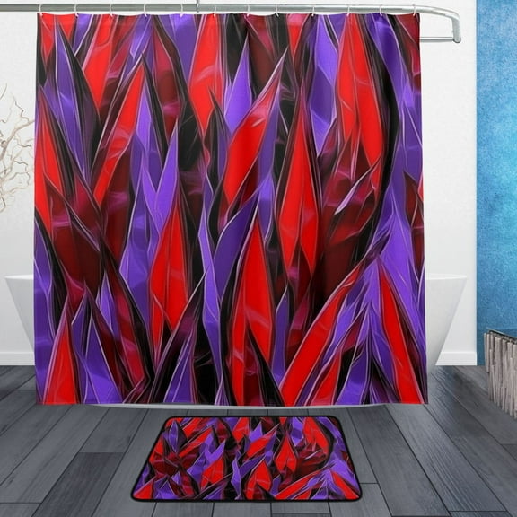 Futuristic Red and Purple Pattern Bathroom Accessory Sets Waterproof Shower Curtain with Anti-Slip Bath Mat Durable Combo