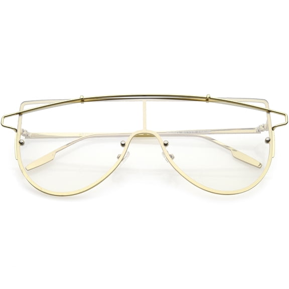 Futuristic Rimless Shield Sunglasses Metal Crossbar Colored Mono Lens 64mm (Gold / Clear Tinted)