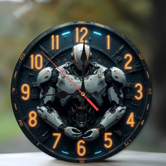 Futuristic Robot Clock 10-Inch Silent Wooden Wall Clock, Battery Operated (AA Batteries Not Included), Artistic Home Decor