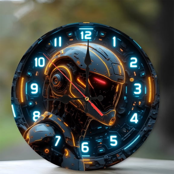 Futuristic Robot Design 10-Inch Silent Wooden Wall Clock, Battery Operated (AA Batteries Not Included), Artistic Home Decor