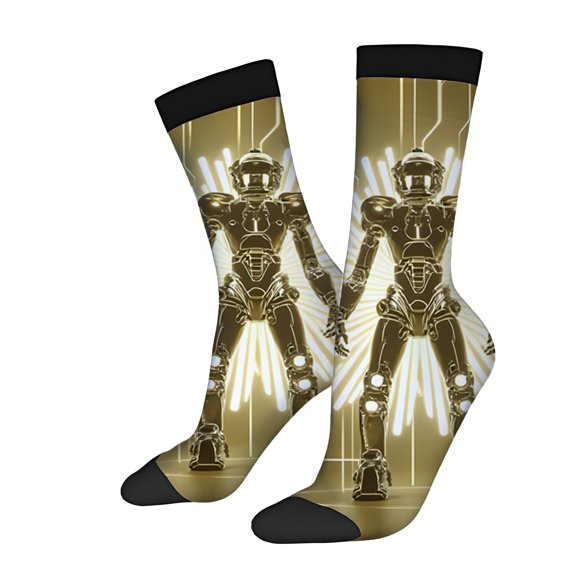 Futuristic Robot Design Socks (2 Pairs) - Four Seasons Universal Unisex Trendy Mixed Color Socks with Black Cuffs & Soles