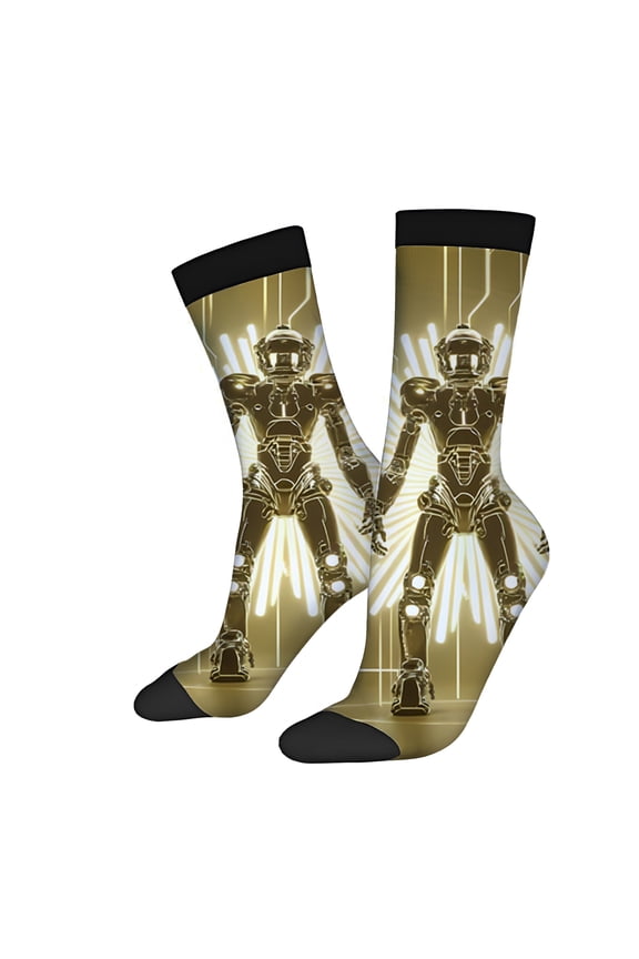 Futuristic Robot Design Socks (2 Pairs) - Four Seasons Universal Unisex Trendy Mixed Color Socks with Black Cuffs & Soles