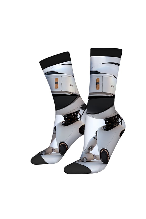 Futuristic Robot Design Socks (2 Pairs) - Unisex Trendy Mixed Color Socks for All Seasons - Dynamic Pose Graphic Black Cuff & Toe Cap Stylish & Fun