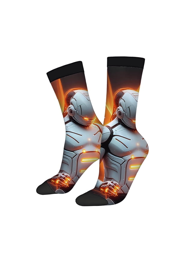 Futuristic Robot Design Socks - 2 Pairs of Unisex Trendy Mixed Color Socks with Glowing Accents for All Seasons