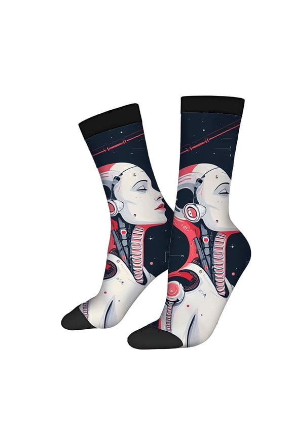 Futuristic Robot Head Socks - 2 Pairs of Unisex Trendy Socks with Metallic Accents & Space Scene Design Perfect for All Seasons