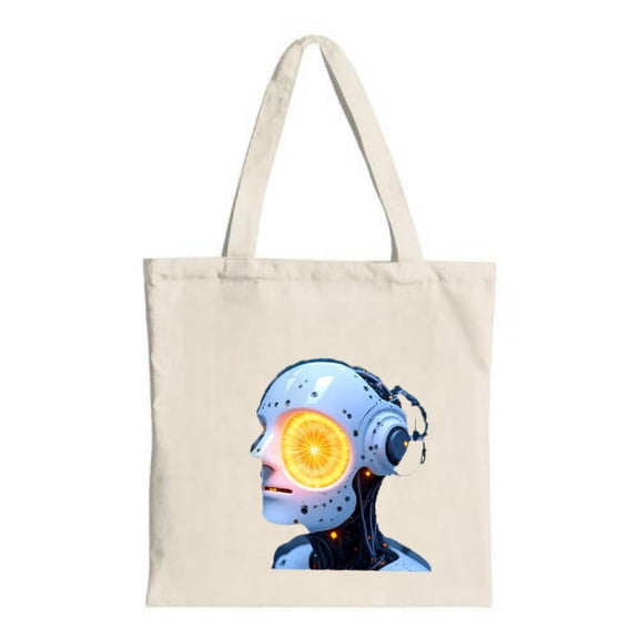 Futuristic Robot Head Tote Bag - Blue Metallic Body with Intricate Circuitry & Glowing Orange Eye - Perfect for Shopping & Travel