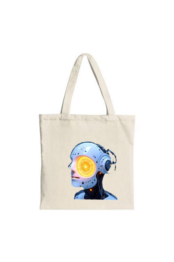 Futuristic Robot Head Tote Bag - Blue Metallic Body with Intricate Circuitry & Glowing Orange Eye - Perfect for Shopping & Travel