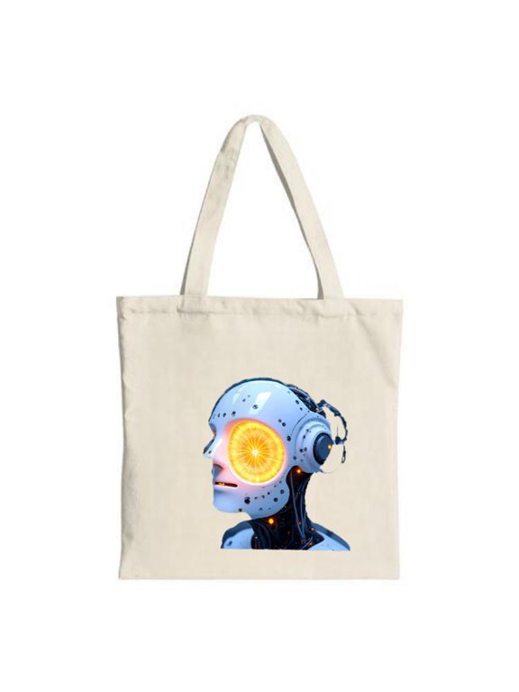 Futuristic Robot Head Tote Bag - Blue Metallic Body with Intricate Circuitry & Glowing Orange Eye - Perfect for Shopping & Travel
