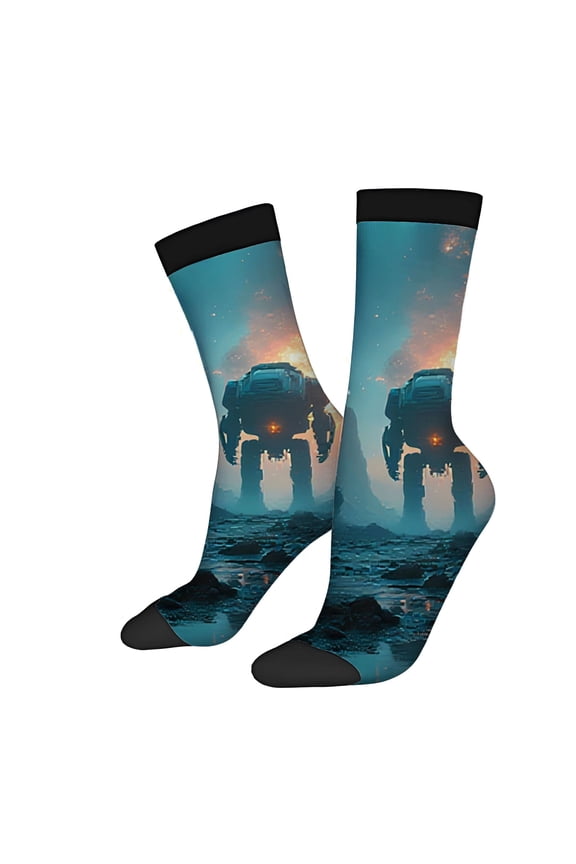 Futuristic Robot & Sci - Fi Sky Design Socks - 2 Pairs of Unisex Trendy Mixed Color Socks for All Seasons Perfect for Adventurous Style