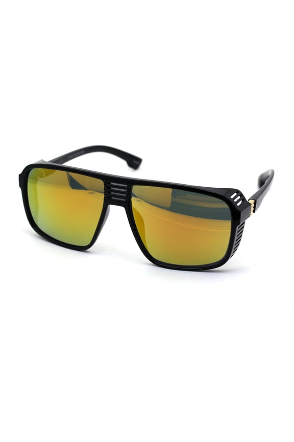 Futuristic Side Vent Visor Flat Top Plastic Rectangular Racer Sunglasses Shiny Black Orange Mirror