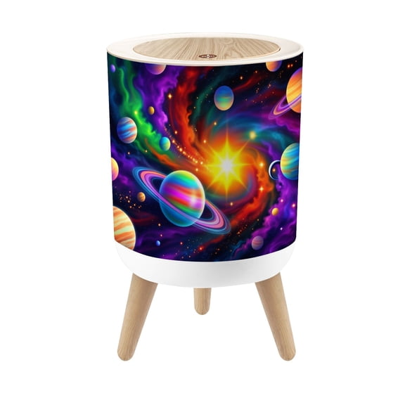Futuristic Small Trash Can with Lid Colorful Cosmic Galaxy Planets Vibrant Nebula Swirls 1.8 Gallon Dog Proof Trash Can Round Garbage Can Waste Bin Wastebasket for Bathroom Bedroom Living Room