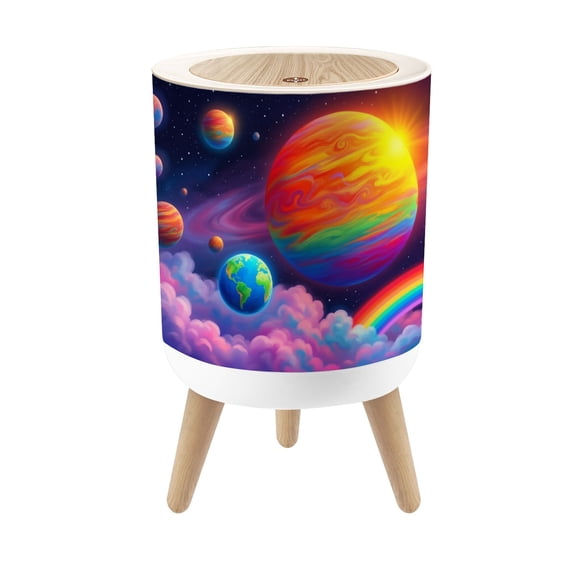 Futuristic Small Trash Can with Lid Colorful Cosmic Landscape Planets Earth Rainbow Clouds 1.8 Gallon Dog Proof Trash Can Round Garbage Can Waste Bin Wastebasket for Bathroom Bedroom Living Room