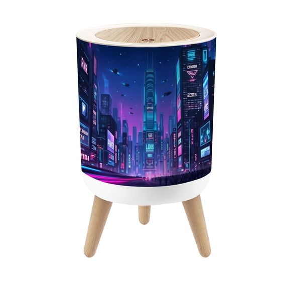 Futuristic Small Trash Can with Lid Futuristic Cityscape Neon Lights Vehicles Night 1.8 Gallon Dog Proof Trash Can Round Garbage Can Waste Bin Wastebasket for Bathroom Bedroom Living Room