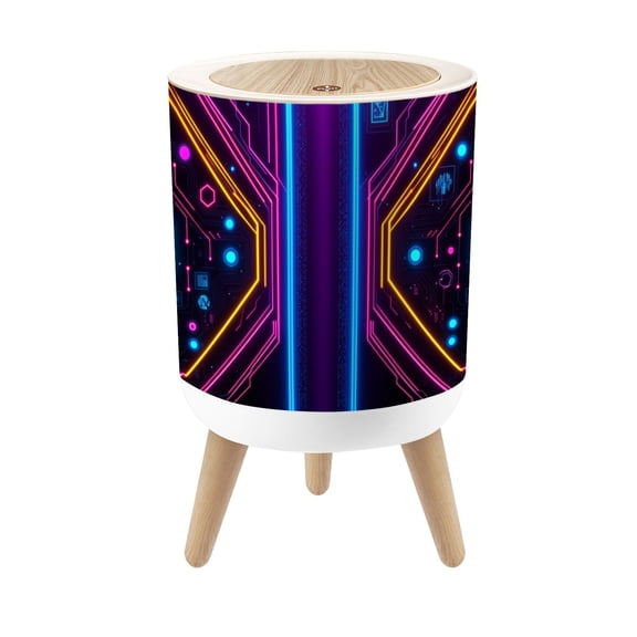 Futuristic Small Trash Can with Lid Futuristic Neon Symmetrical Abstract Glowing Lines Tech 1.8 Gallon Dog Proof Trash Can Round Garbage Can Waste Bin Wastebasket for Bathroom Bedroom Living Room