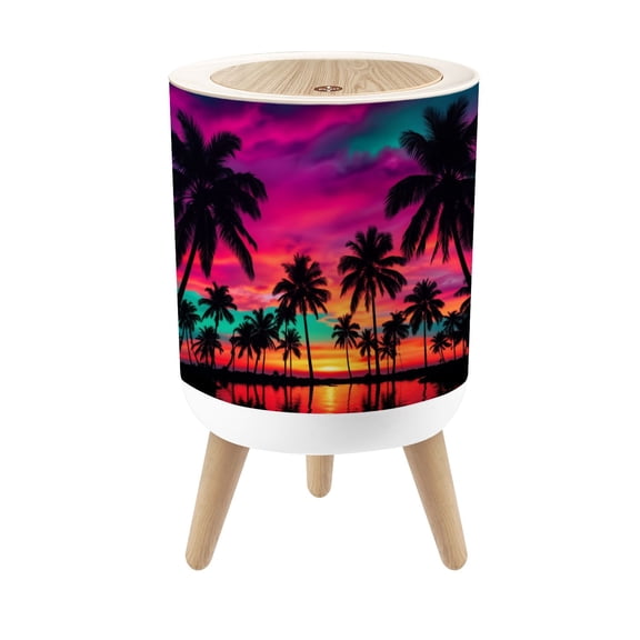 Futuristic Small Trash Can with Lid Vibrant Tropical Sunset Silhouetted Palm Trees Calm Water 1.8 Gallon Dog Proof Trash Can Round Garbage Can Waste Bin Wastebasket for Bathroom Bedroom Living Room