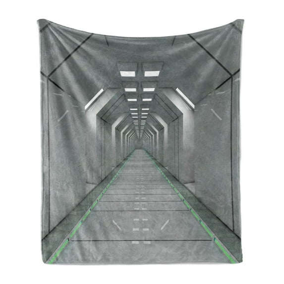 Futuristic Soft Flannel Fleece Blanket, Sci-Fi Corridor Inside Space Station Ship Laboratory Technology Fiction Picture Art, Cozy Plush for Indoor and Outdoor Use, 50" x 70", Green, by Ambesonne
