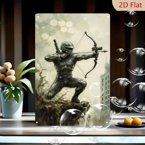 Futuristic Soldier on Crumbling Ledge with Compound Bow, Post-Apocalyptic Cityscape Wall Art, 8x12 Inches Metal Tin Sign, Dystopian Sci-Fi Military Decor for Home Office