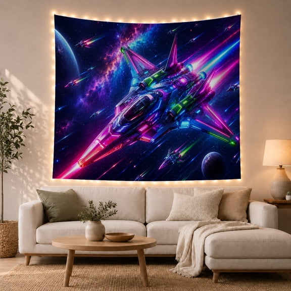 Futuristic Space Fighter Leading Escort Craft in Purple Galaxy, Dreamy Psychedelic for Space Lovers, Sci-Fi Wall Art, Birthday Gift Tapestry Wall Hanging for Game Room and Teen Bedroom