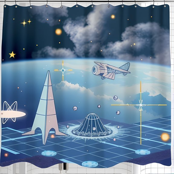 Futuristic Space Shower Curtain - Planet Rocket & Geometric Shapes Design - Perfect for Space Lovers