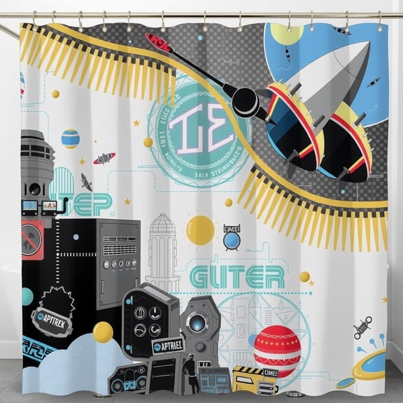 Futuristic Space Shower Curtain with Spaceship, Planets & Whimsical Design