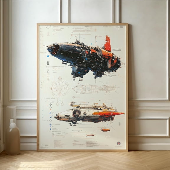 Futuristic Spacecraft Blueprint Detailed Sci Fi Art Print For Home Office Decor
