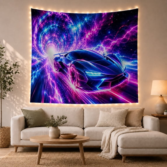 Futuristic Sports Car in Cosmic Energy Tunnel, Energetic Digital Art for Car Enthusiasts, Racing Wall Art Decor, Birthday Gift, Tapestry Wall Hanging for Teen Bedroom and Gaming Room