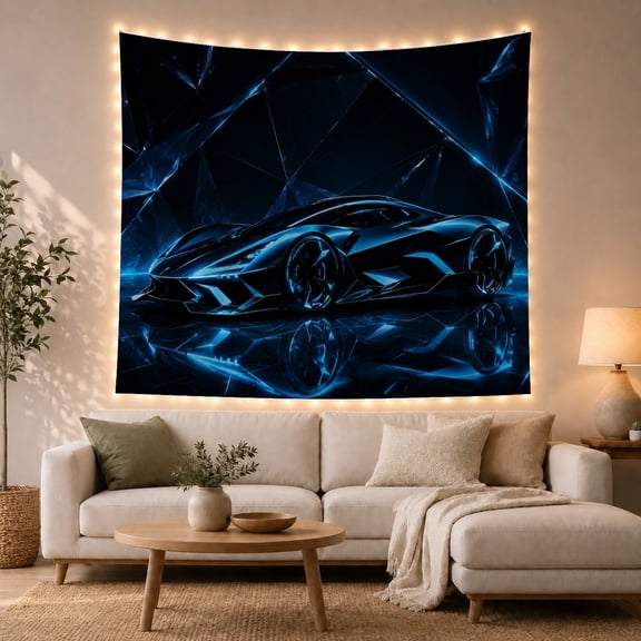 Futuristic Sports Car in Shattered Geometric Space, Energetic Digital Art for Auto Fans, Dynamic Wall Decor Phrase, Birthday Gift Tapestry Wall Hanging for Gaming Room and Living Room