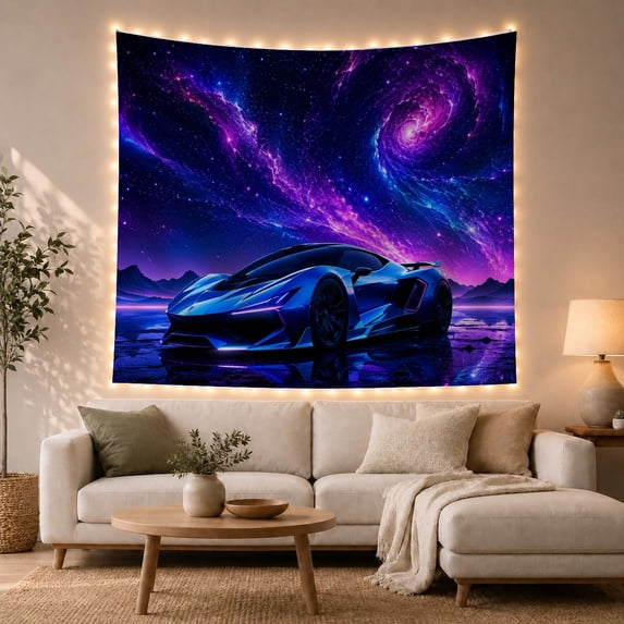 Futuristic Sports Car on Wet Ground with Galaxy Nebula, Dramatic Digital Art for Sci-Fi Enthusiasts, Space Car Wall Decor, Birthday Gift, Tapestry Wall Hanging for Bedroom and Living Room