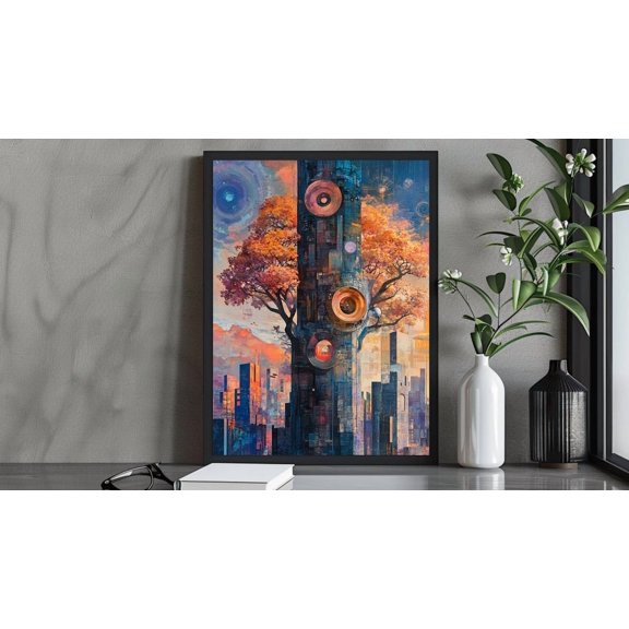 Futuristic Surreal Urban Tree Art Print, Cityscape Wall Decor, Nature-Inspired Artwork, Modern Sci-Fi Art, Abstract Urban Decor Wall Art, Modern Wall Decor, 24x36 UNFRAMED
