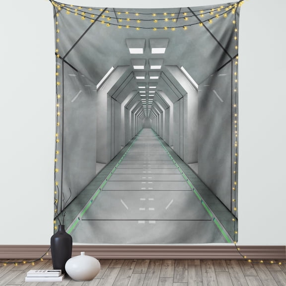 Futuristic Tapestry, Sci-Fi Corridor Inside Space Station Ship Laboratory Technology Fiction Picture Art, Wall Hanging for Bedroom Living Room Dorm Decor, 60W X 80L Inches, Green, by Ambesonne