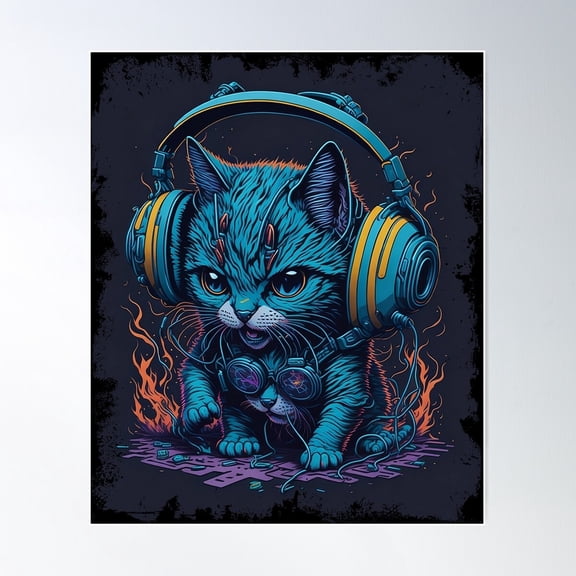 Futuristic Techno Cat - Blue Dj Kitten - Distressed Grunge Poster Wall Art, Modern Wall Decor For Living Room Bedroom, 8x12 UNFRAMED