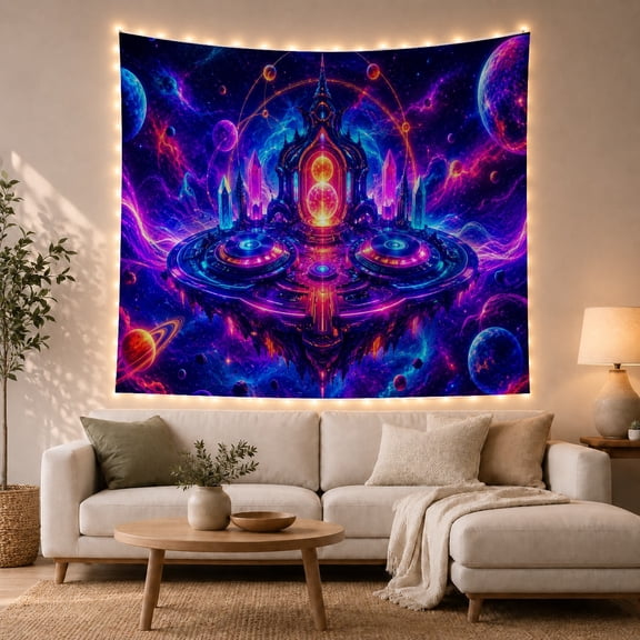 Futuristic Temple in a Cosmic Nebula with Glowing Orbs Mystical Celestial for Space Lovers Digital Art Decor Birthday Gift Tapestry Wall Hanging for Bedroom and Dorm