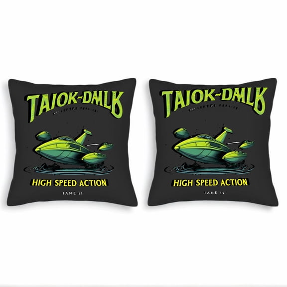 Futuristic Throw Pillow Covers 18x18in Set of 2 - Stylish Spacecraft Design with Bold ' TAJOK - DALK ' & ' HIGH SPEED ACTION ' Text