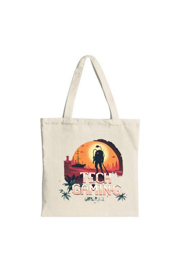 Futuristic Tote Bag - Canvas Reusable Perfect for Travel & Shopping Features Bold ' TECH GAMING ' Design with Sunset & Planet