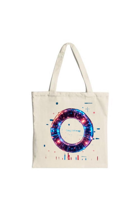 Futuristic Tote Bag with Glowing Circular Ring Design Intricate Patterns & Abstract Geometric Shapes in Blue & Red Perfect for Travel & Shopping