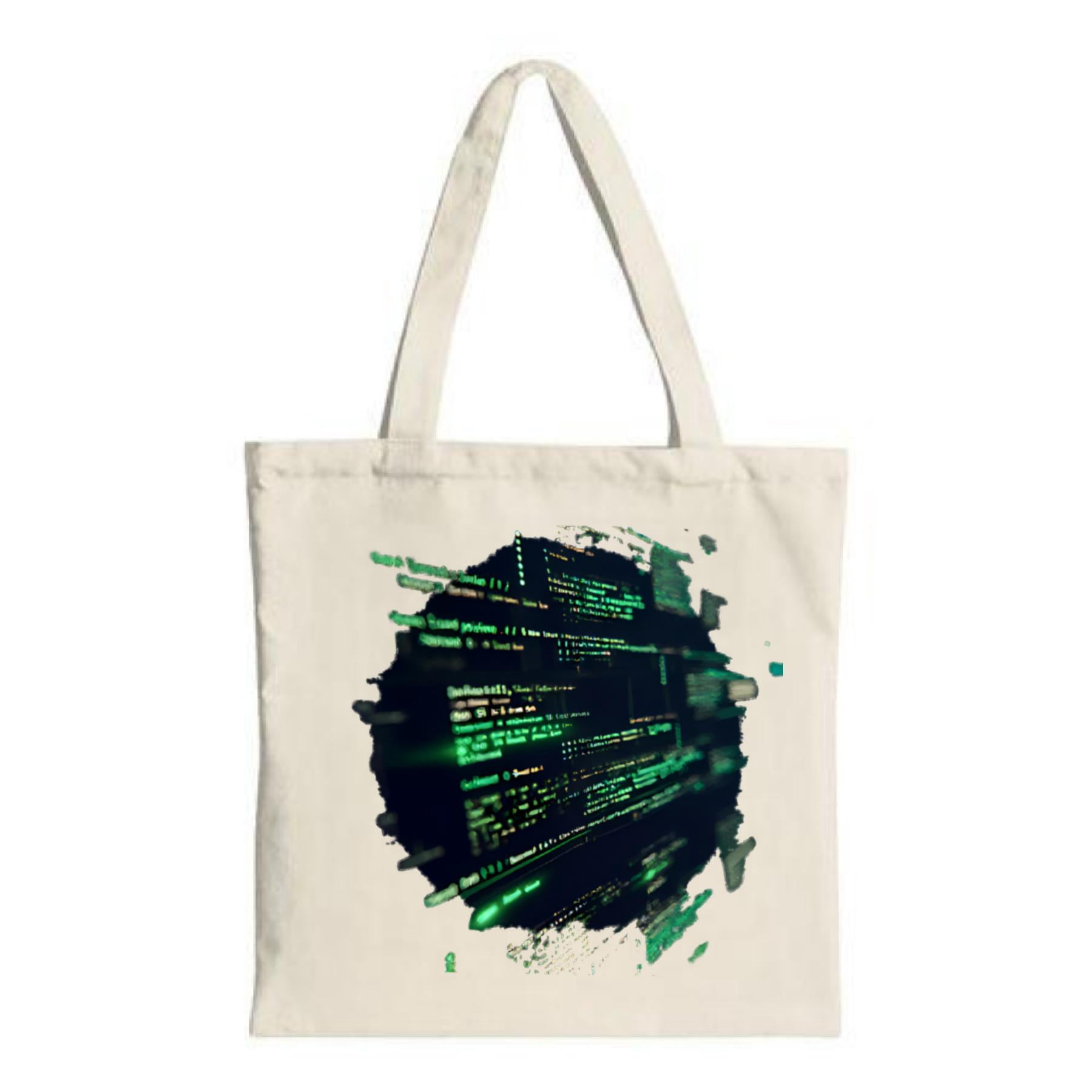 Futuristic Tote Bag with Green Computer Code Design on Dark Background ...