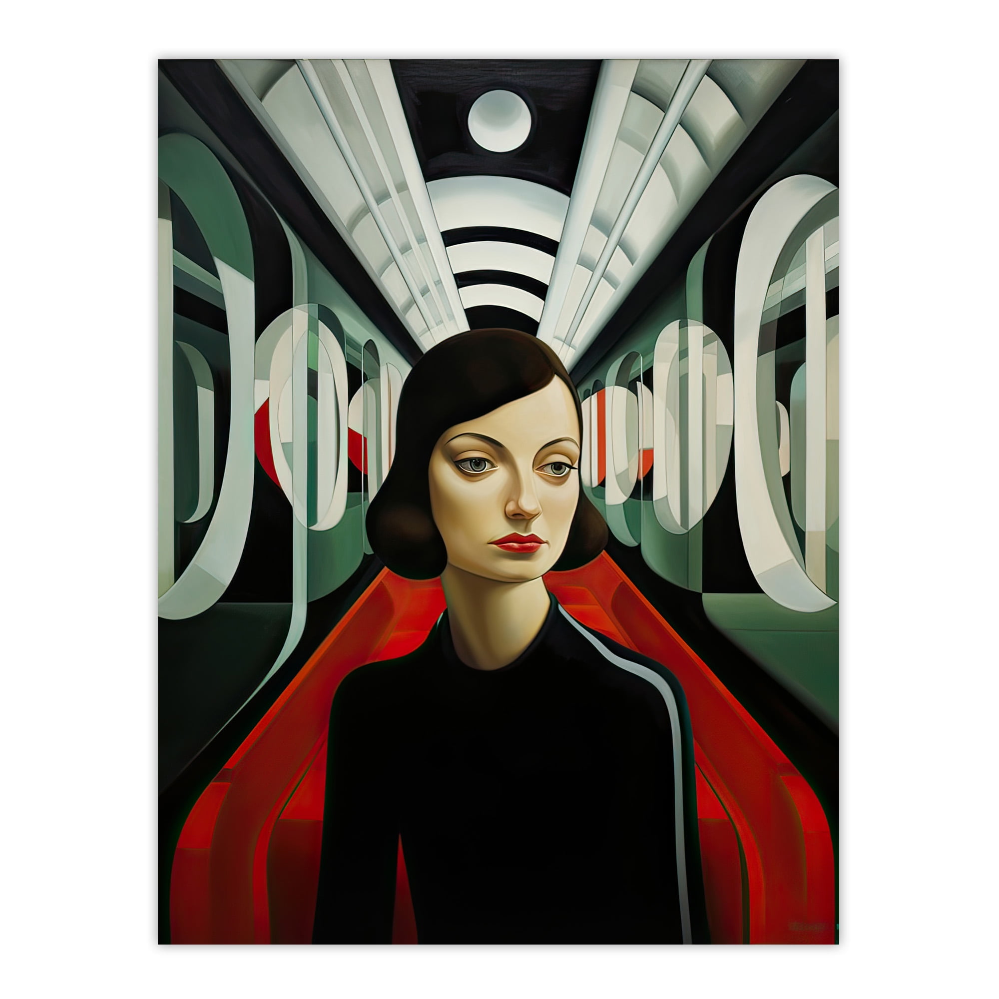Futuristic Train Ride Oil Painting Black Red Green Modern Art Deco