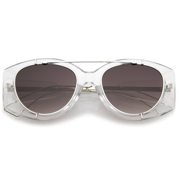 Futuristic Translucent Wire Metal Arms Crossbar Round Flat Lens Oversize Sunglasses 53mm (Clear Silver / Lavender)