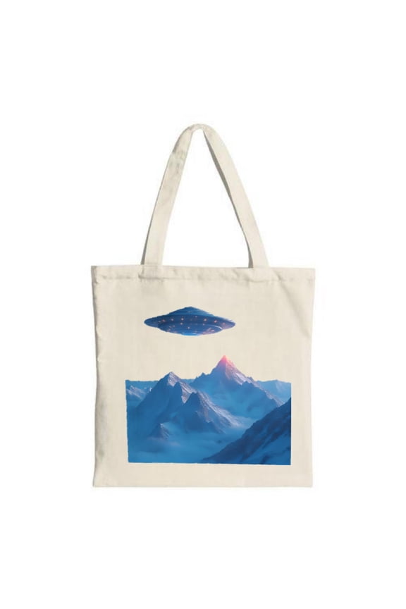 Futuristic UFO Canvas Tote Bag - Surreal Blue & Pink Mountain Design Perfect for Shopping Travel & Parties Reusable & Stylish