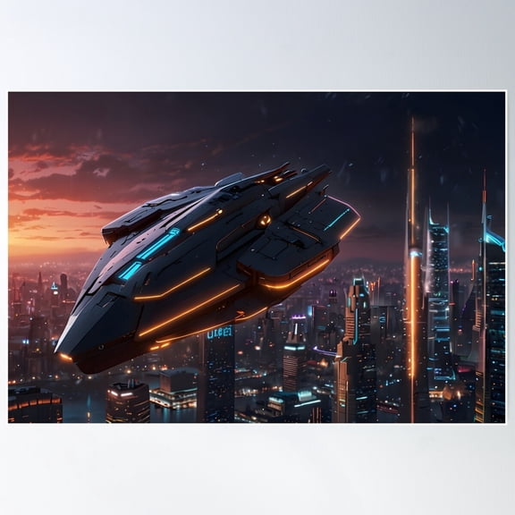 Futuristic Uap Over Cyberpunk City Poster Wall Art, Modern Wall Decor For Living Room Bedroom, 12x18 UNFRAMED