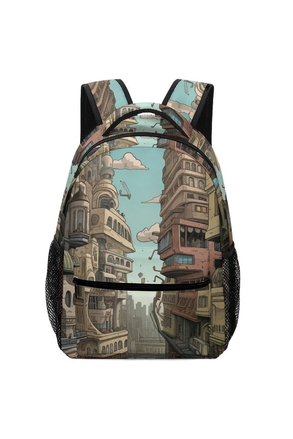 Futuristic Vertical City Oxford Cloth Backpack Double Zipper Hidden Pocket Commute Mesh Side Bags