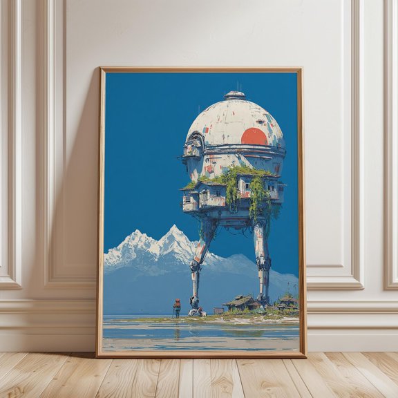 Futuristic Walking Observatory Robot Art Print Sci Fi Mountain Landscape Wall Decor, Unframed Paper Print